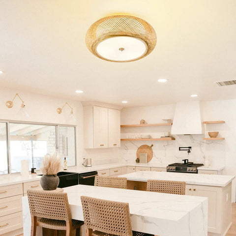 Handwoven Rattan Flush Mount Ceiling Light With Three E26 Bulbs In Dope Boho Style 15 Inch Drum Lamp over kitchen