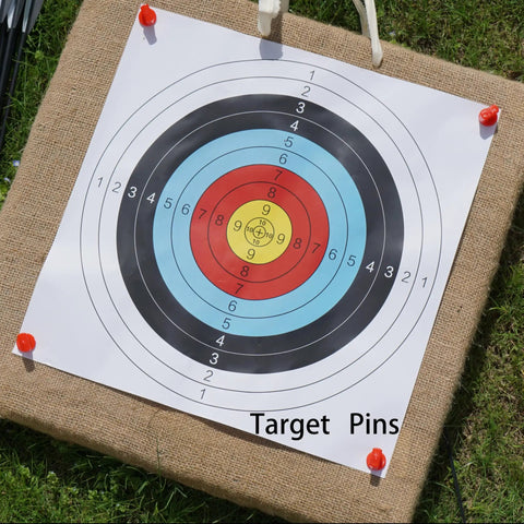 16 Pack Archery Target Pins for Holding Target Faces and Paper on EVA Foam Targets, shown securing target face outdoors