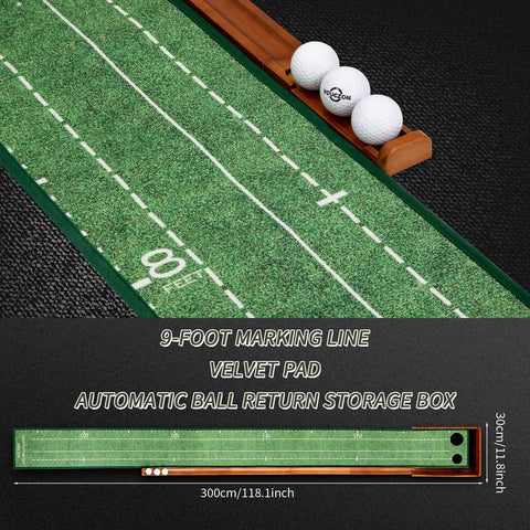 Indoor Putting Green With Auto Ball Return For Home Or Office No Hump Design showing 9-foot velvet surface and wood base