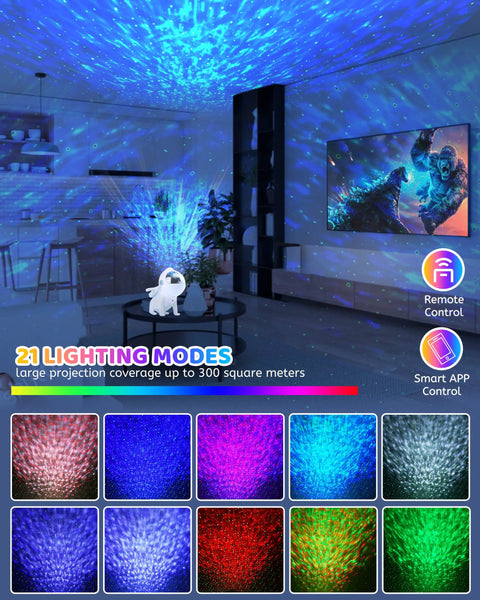 Lit Cosmic Night Sky Projector for kids and adults creating starry room ambiance with 21 color modes and water ripple effect.