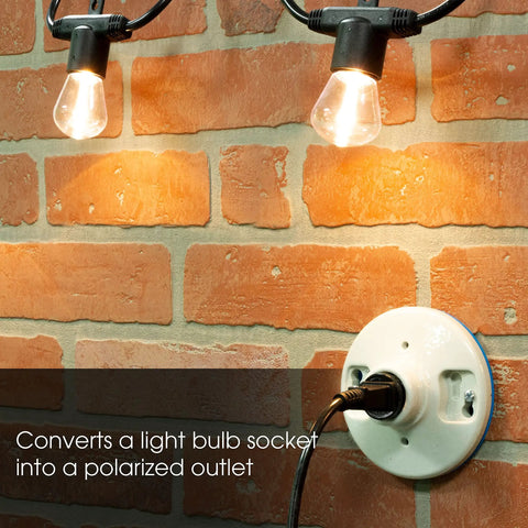 Polarized Handy Plug 2 Pack Light Socket To 2 Prong Outlet Adapter Easy Install UL Listed Black Converter on brick wall