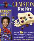 Child with Gem Stone Dig Kit With 16 Real Gems And Crystals Including Quartz Point And Amethyst STEM Education For Kids Fun Rock