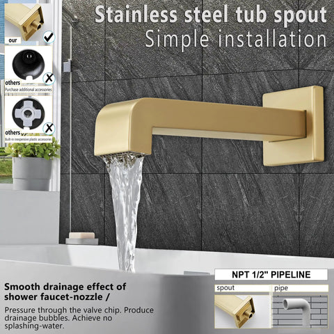 Stainless steel tub spout from All In One Bathtub And Shower System in Brushed Nickel, showcasing simple installation.