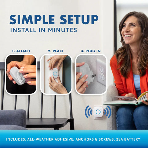 Image showing simple setup of No Fuss Ultra Easy Wireless Doorbell Kit With 52 Chimes And 1000 Feet Range, featuring steps to install.