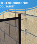 Hella Sturdy Pool Fence Wall Mount Kit For Inground Swimming Pools featuring steel anchors attached to brick wall.