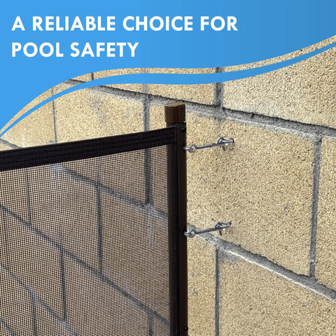 Hella Sturdy Pool Fence Wall Mount Kit For Inground Swimming Pools featuring steel anchors attached to brick wall.