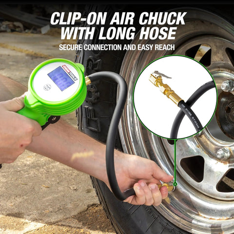 Pro Grade Digital Tire Inflator With Gauge And LCD Display, 0 To 175 PSI, 21 Inch Hose, Clip On Chuck, inflating car tire