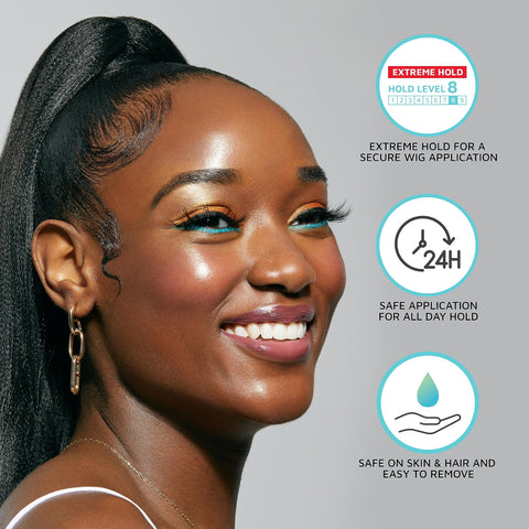 Smiling woman showcasing the Lace Bond Adhesive Spray With Ultimate Hold For Lace Frontals Sweat Proof And Water Resistant Quick Drying