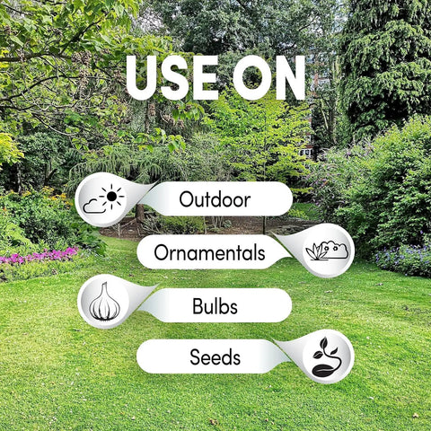 Lawn with labels for All Animal Repellent Granules Ready To Use For Lawns, Gardens And Yards Keep Deer And Rabbits At Bay.