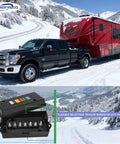 Skip The Headache And Grab This Heavy Duty 2 Pack 7 Pin Trailer Junction Box With Tough Weather Sealed Housing Plus Quick Connect Color Terminals For Smooth Rv Camper Boat Hookups, viewed with RV in snowy landscape.