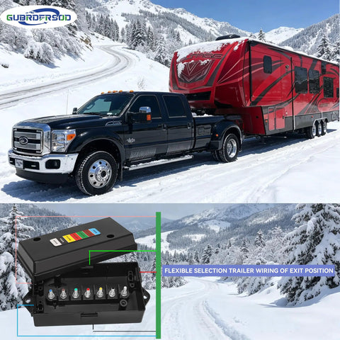 Skip The Headache And Grab This Heavy Duty 2 Pack 7 Pin Trailer Junction Box With Tough Weather Sealed Housing Plus Quick Connect Color Terminals For Smooth Rv Camper Boat Hookups, viewed with RV in snowy landscape.