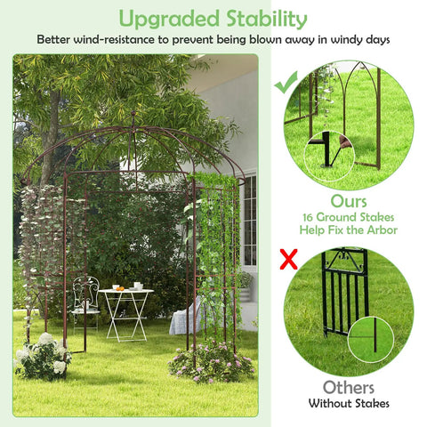 Birdcage Style Garden Arbor With Heavy Duty Metal Frame And Four Climbing Trellises Outdoor Gazebo Pergola Arch For Climbing Plants Wedding And Party Decor Garden Pavilion For Lawn Or Patio Measures 7 x 8.4 Feet with stability stakes