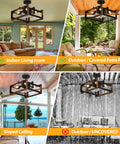 Low Profile Farmhouse Wood Ceiling Fan With Light And Remote, shown in living room, patio, sloped ceiling, uncovered outdoor area
