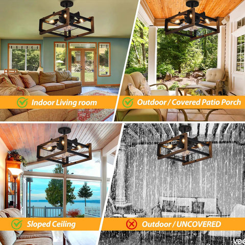 Low Profile Farmhouse Wood Ceiling Fan With Light And Remote, shown in living room, patio, sloped ceiling, uncovered outdoor area