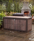 134 Gallon Waterproof Resin Outdoor Deck Box with Lock Doubles As Bench Seating For Patio Cushions Garden Tools And Pool Accessories No Fuss Heavy Duty Weather Ready Dark Brown Wood Grain Finish shown on patio