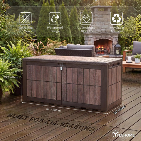 134 Gallon Waterproof Resin Outdoor Deck Box with Lock Doubles As Bench Seating For Patio Cushions Garden Tools And Pool Accessories No Fuss Heavy Duty Weather Ready Dark Brown Wood Grain Finish shown on patio