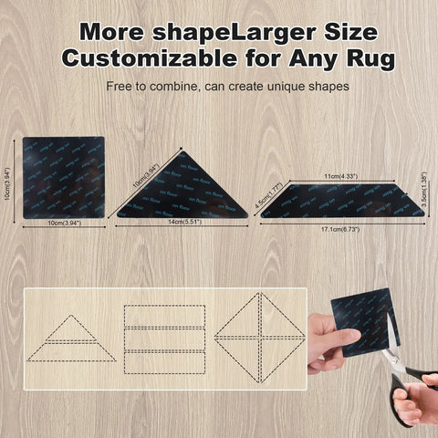 14 Pack Rug Grippers Set With Triangle Trapezoid And Square Shapes Non Slip Double Sided Rug Tape for customizable rug shapes.