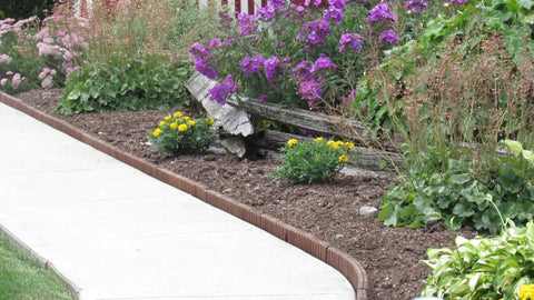 Brown Lawn And Landscape Border Edging For Garden Beds And Walkways With Flexible Design beside a flower garden and walkway.