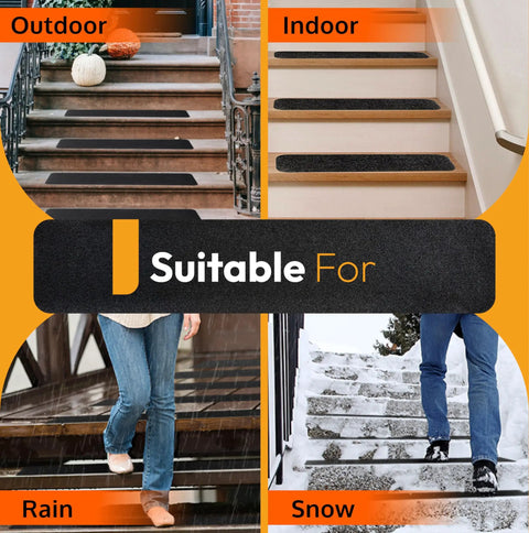 Non Slip Stair Treads For Indoor Outdoor Use Waterproof Grip Tape For Wood Concrete Metal Steps Weatherproof Anti Slip Tape Heavy Duty 6x24 Inches 5 Pack Safe Traction For Pets And Family on various stair settings showing suitability for rain and snow conditions.