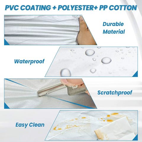 Waterproof SUV Car Cover for All Weather, UV Shield and Hail Protection, tear-resistant PVC coating and polyester layers.