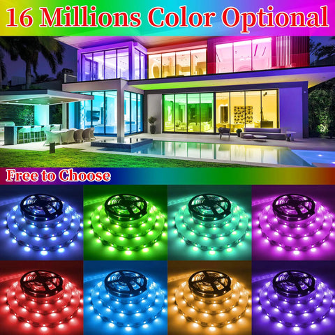 Modern house lit with 50 Feet RGB LED Strip Lights With Music Sync App Control And 44 Key Remote Flexible Tape Light various colors