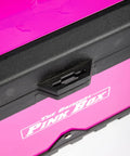 Close-up of pink 20 Inch Portable Steel Toolbox With Removable Organizer Tray, Metal Latches, Easy Carry Handle, Powder Coated Steel.