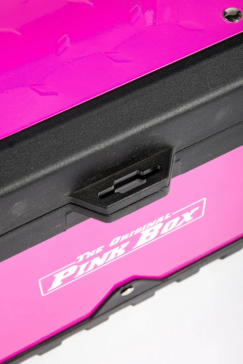 Close-up of pink 20 Inch Portable Steel Toolbox With Removable Organizer Tray, Metal Latches, Easy Carry Handle, Powder Coated Steel.
