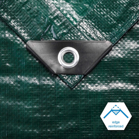 Close-up of Finished Size 10x12 Feet Dustproof Waterproof Green Tarp 8 Mil Thick with reinforced edges and grommet detail.