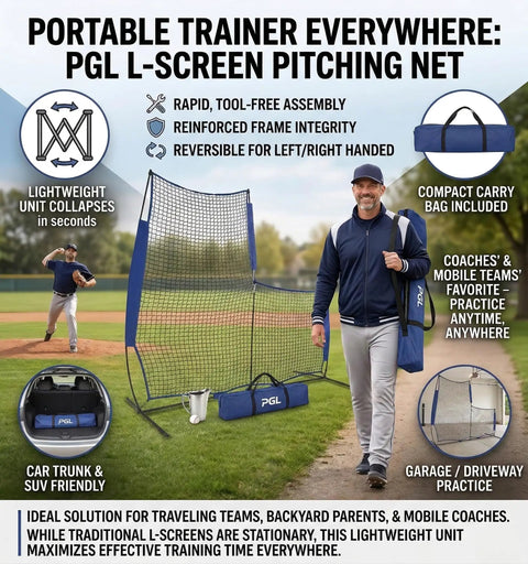 Man with Baseball L Screen Pitching Net 7x7 Portable Pitcher Protector For Batting Cage Backyard, reversible and easy to carry.
