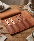8-Piece Wooden Big Eye Knitting Needles With Double Eye Design And Smooth Rounded Tips For Wool And Nylon Crafts, Ideal For Scarves Macramé Tapestry And Crochet Projects For Yarn Lovers, in leather roll