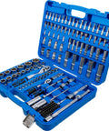 Master Grade 150 Piece Socket Set With Quarter Inch And Half Inch Drives Featuring Super Lock Sockets displayed in a blue molded case.