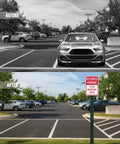 Before and after image of a parking lot showing Custom Reserved Parking Sign 12X18 Heavy Duty Laminated Aluminum Plate.