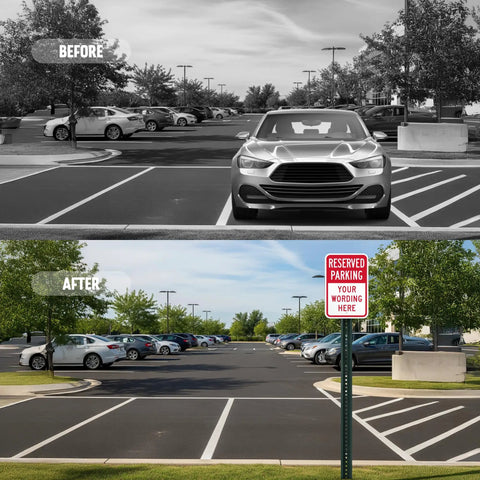 Before and after image of a parking lot showing Custom Reserved Parking Sign 12X18 Heavy Duty Laminated Aluminum Plate.