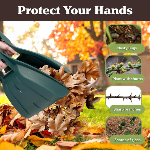Leaf Scoops Hand Rakes for Easy Leaf Cleanup protecting hands from debris and bugs during yard work.