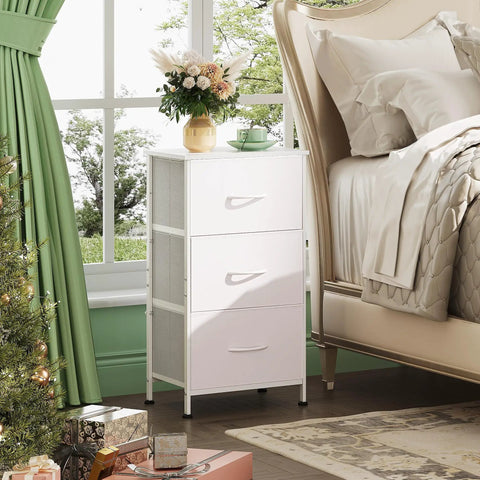 Three Drawer Fabric Storage Nightstand With Wood Top And Steel Frame Easy Pull Handles White Finish For Bedroom Hallway Entryway Closets Grab And Go Organization Unit Today beside bed by window
