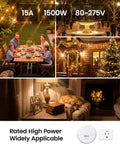 Collage showing outdoor dining, festive lighting, and home interiors using Wireless Motion Sensor Outlet With Detachable Sensor And Plug