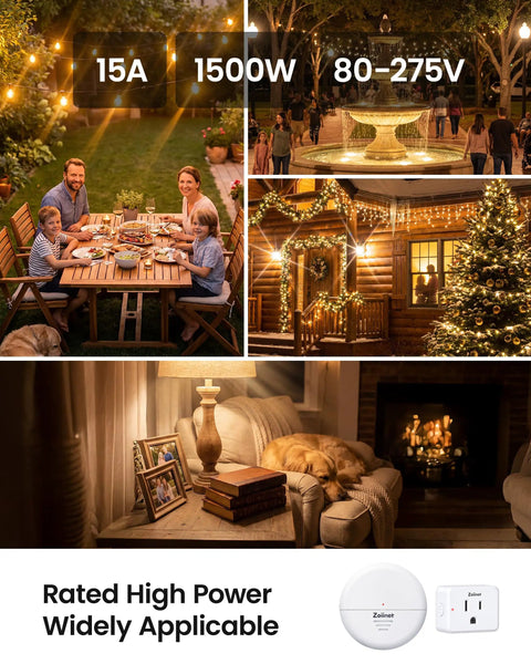 Collage showing outdoor dining, festive lighting, and home interiors using Wireless Motion Sensor Outlet With Detachable Sensor And Plug