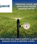HeadChecker Sprinkler Head Tester With 160 PSI Gauge Dial Indicator And Female Nozzle Adapter in use on lawn sprinkler