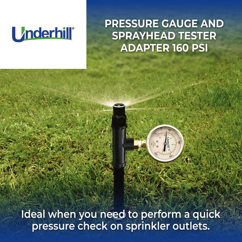 HeadChecker Sprinkler Head Tester With 160 PSI Gauge Dial Indicator And Female Nozzle Adapter in use on lawn sprinkler