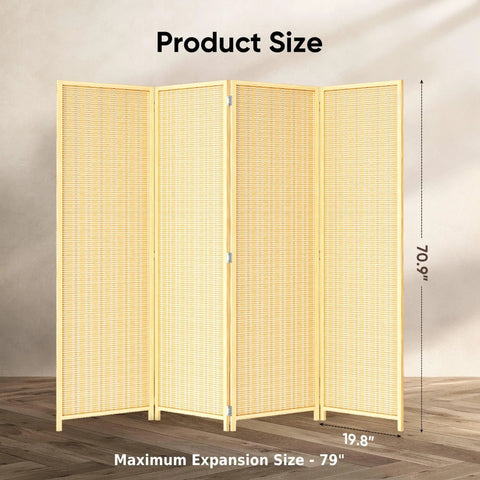 4 Panel Folding Bamboo Room Divider Privacy Screen Freestanding Wall Separator, 6 Feet Tall Beige, unfolded on wooden floor