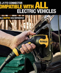 Beefy Level 2 EV Charger Delivers 32 Amp Up To 7.6 KW SAE J1772 Connector Plugged Into Car