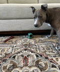 Adjustable Under Couch Gap Shield Blocking Toys Dust And Remotes From Snaking Under Sofas Beds Or Cabinets With Hassle Free Snap Fit And Tough Flexible Core next to a dog and toys on a patterned rug.