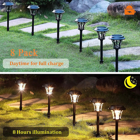 Eight Pack 25 Lumen Solar Powered Pathway Lights With Ultra Bright SMD LED Outdoor Waterproof Stainless Steel And Glass Landscape Lights For Lawn Patio Garden Yard Driveway, showing daytime and night illumination