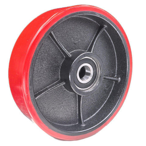 Close-up view of a red 7x2 inch pallet jack steering wheel with preinstalled bearings and axle for industrial use.