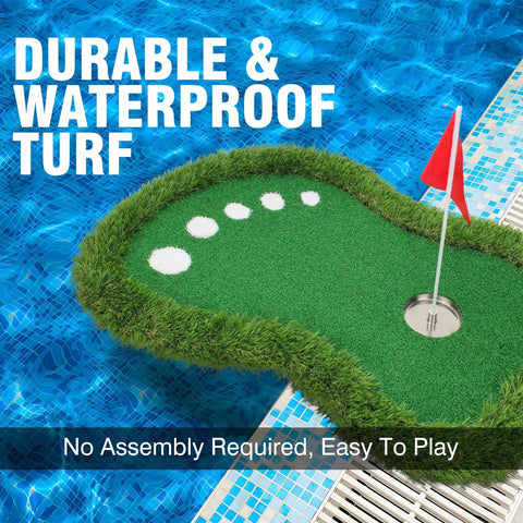 Floating Pool Golf Green Set With Realistic Grass Surface featuring red flag on poolside