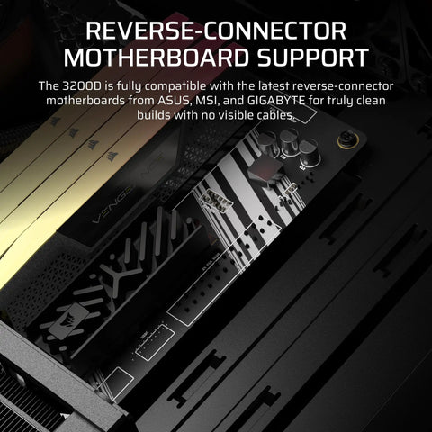 3200D RS Mid Tower PC Case With 3 RS120 PWM Fans Included showing reverse-connector motherboard support feature.