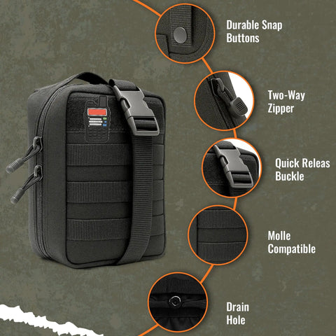 Go Bag For Ham Radio With Tear Away Hook And Loop Back MOLLE Compatible Multi Pocket Gear Carrier side view with features