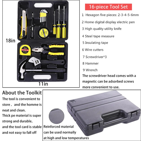 16-piece tool set in an 18x11 inch plastic case, part of All In One Car Emergency Kit With 124 Pieces Roadside Safety Tools Includes 11.8 Foot Jumper Cables Tow Strap Folding Survival Shovel Traction Rope Flashlight Gloves Tire Repair Tools And More Perfect For Any Driver