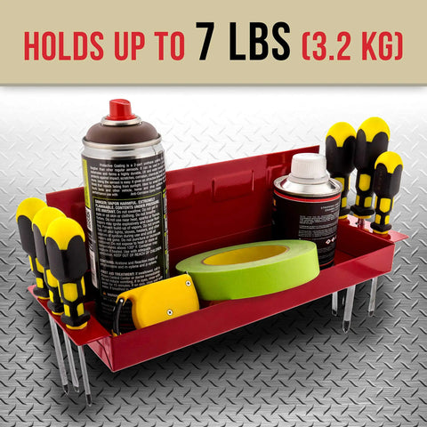 12 Inch Magnetic Tool Tray Shelf For Metal Surfaces, Heavy Duty Tool Organizer with tools and sprays on metal surface
