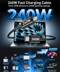 240W fast charging cable with USB-C connectors shown charging a laptop, compatible with multiple devices including gaming laptops.